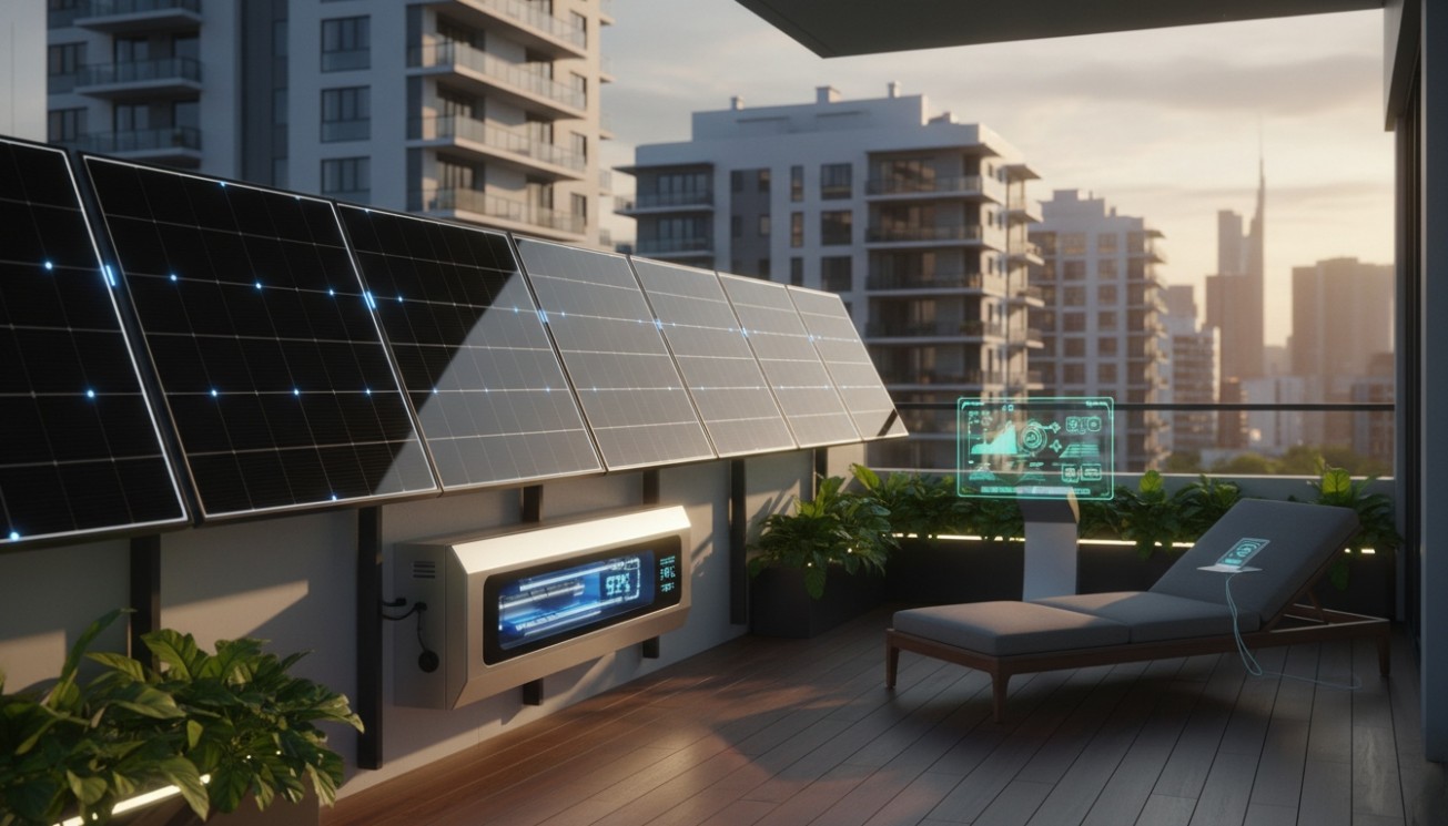 Future balcony solar smart energy system with plug-in PV panels, compact storage, monitoring display, and urban apartment energy management